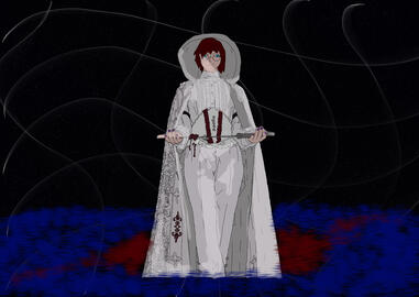 wip art of a man with red hair stood in an intricate cloak and hood, holding a sword. they are stood in a lake of blue and red, in empty space